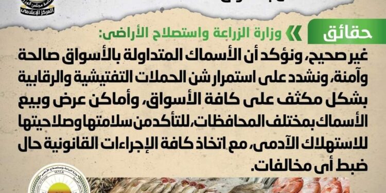 «الزراعة» توضح حقيقة انتشار أسماك فاسدة غير صالحة للاستهلاك الآدمي بالأسواق