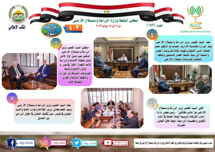 “الزراعة في أسبوع” نشرة الحصاد رقم ١٤٧ لأنشطة الوزارة في الفترة من ٩ وحتى ١٥ يونيو الجاري