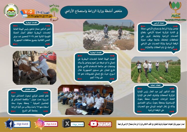 “الزراعة في أسبوع” نشرة الحصاد رقم ٢٠٤ لأنشطة الوزارة في الفترة من ١٢ وحتى ١٨ يوليو الجاري