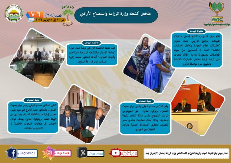 “الزراعة في أسبوع” نشرة الحصاد رقم ٢٠٤ لأنشطة الوزارة في الفترة من ١٢ وحتى ١٨ يوليو الجاري