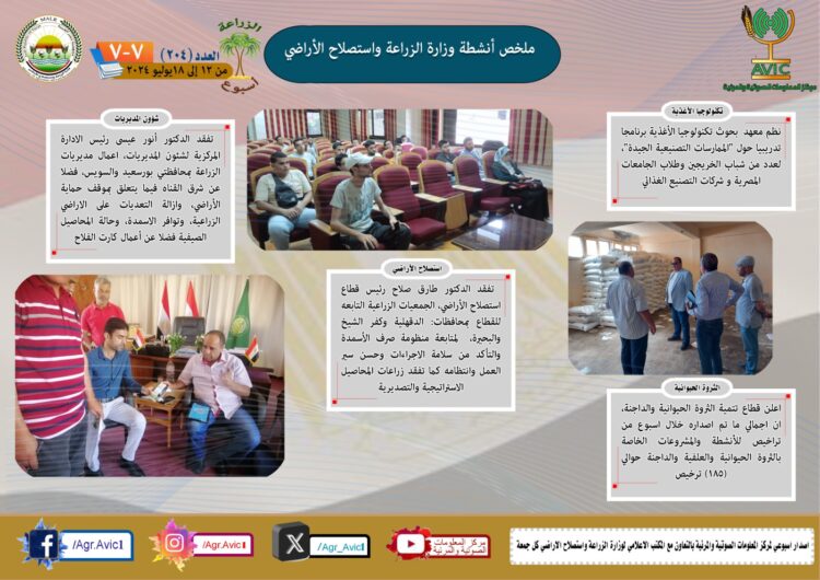 “الزراعة في أسبوع” نشرة الحصاد رقم ٢٠٤ لأنشطة الوزارة في الفترة من ١٢ وحتى ١٨ يوليو الجاري