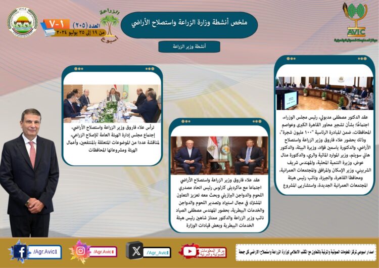 “الزراعة في أسبوع” نشرة الحصاد رقم ٢٠٥ لأنشطة الوزارة في الفترة من ١٩ وحتى ٢٥ يوليو الجاري