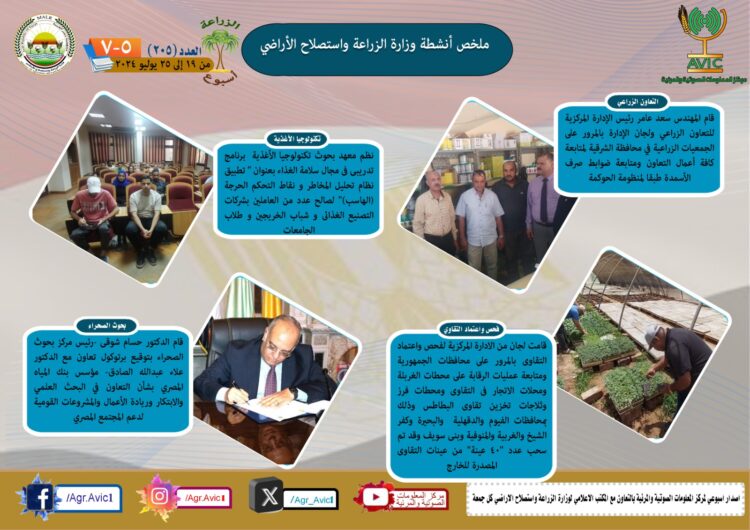 “الزراعة في أسبوع” نشرة الحصاد رقم ٢٠٥ لأنشطة الوزارة في الفترة من ١٩ وحتى ٢٥ يوليو الجاري