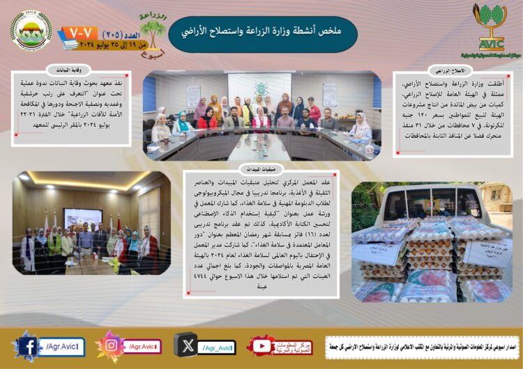 “الزراعة في أسبوع” نشرة الحصاد رقم ٢٠٥ لأنشطة الوزارة في الفترة من ١٩ وحتى ٢٥ يوليو الجاري