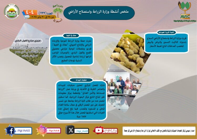 “الزراعة في أسبوع” نشرة الحصاد رقم ٢٣٢ لأنشطة الوزارة في الفترة من ٢٤ وحتى ٣٠ يناير الجاري