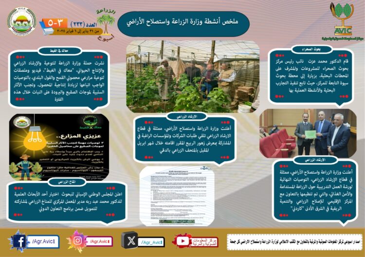 “الزراعة في أسبوع” نشرة الحصاد رقم ٢٣٣ لأنشطة الوزارة في الفترة من ٣١ يناير وحتى ٦ فبراير الجاري