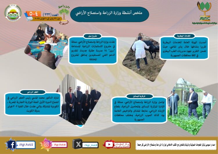 “الزراعة في أسبوع” نشرة الحصاد رقم ٢٣٣ لأنشطة الوزارة في الفترة من ٣١ يناير وحتى ٦ فبراير الجاري