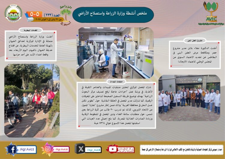 “الزراعة في أسبوع” نشرة الحصاد رقم ٢٣٣ لأنشطة الوزارة في الفترة من ٣١ يناير وحتى ٦ فبراير الجاري