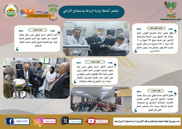 “الزراعة في أسبوع” نشرة الحصاد رقم ٢٣٤ لأنشطة الوزارة في الفترة من ٧ وحتى ١٣ فبراير الجاري