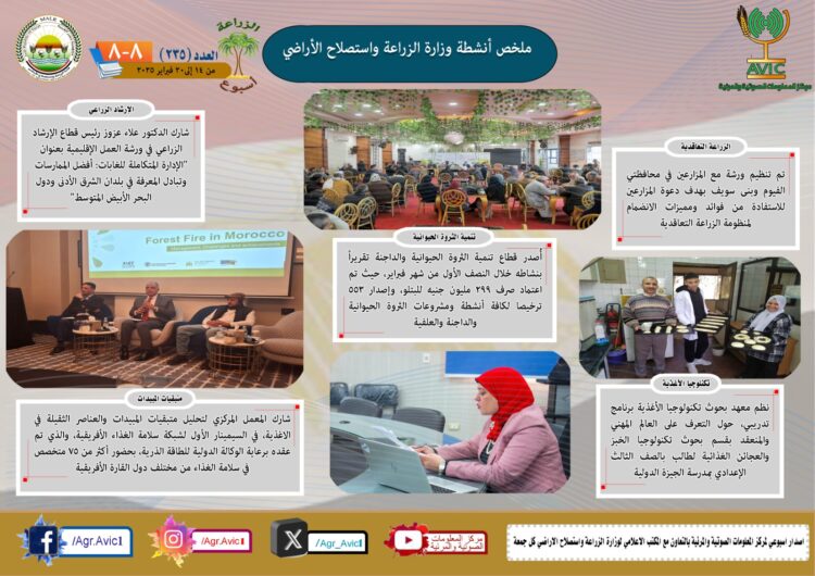 “الزراعة في أسبوع” نشرة الحصاد رقم ٢٣٥ لأنشطة الوزارة في الفترة من ١٤ وحتى ٢٠ فبراير الجاري