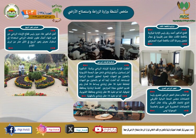 “الزراعة في أسبوع” نشرة الحصاد رقم ٢٣٨ لأنشطة الوزارة في الفترة من ٧ وحتى ١٣ مارس الجاري