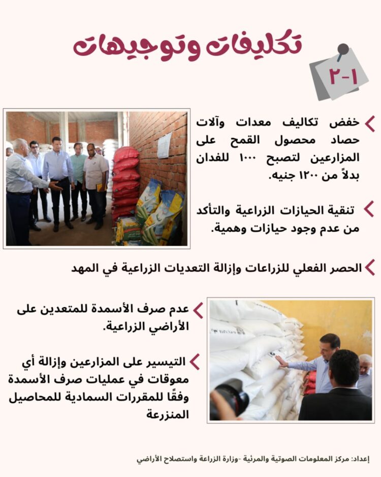 “الزراعة” تنشر انفوجراف حول أبرز تصريحات وتوجيهات وزير الزراعة خلال افتتاح موسم حصاد القمح بالشرقية