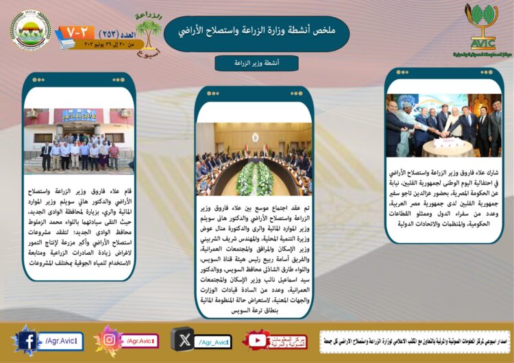 “الزراعة في أسبوع” نشرة الحصاد رقم ٢٥٣ لأنشطة الوزارة في الفترة من ٢٠ وحتى ٢٦ يونيو الجاري