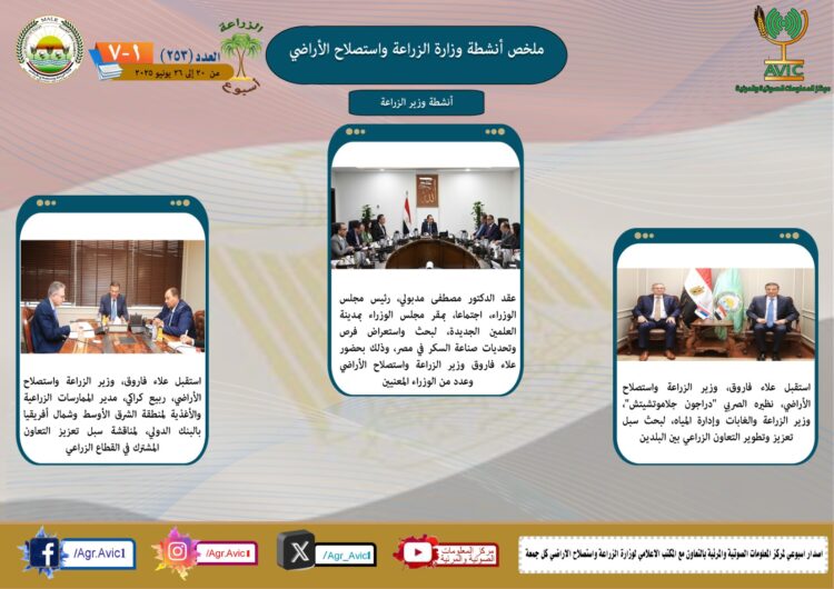 “الزراعة في أسبوع” نشرة الحصاد رقم ٢٥٣ لأنشطة الوزارة في الفترة من ٢٠ وحتى ٢٦ يونيو الجاري