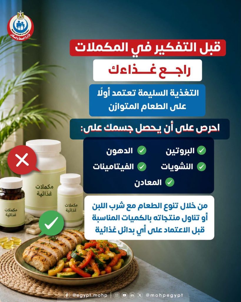 المكملات الغذائية.. الصحة: التغذية السليمة هي الأساس 12 المكملات الغذائية